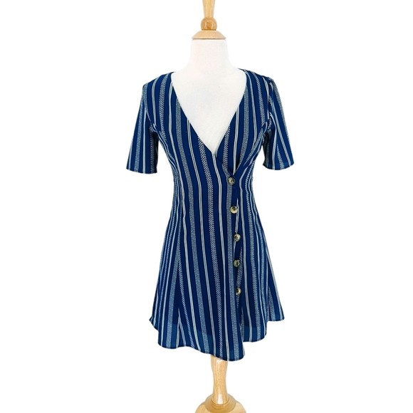 Urban Girl Blue White Striped Button Front V Neck Mini Dress Small - Picture 1 of 8